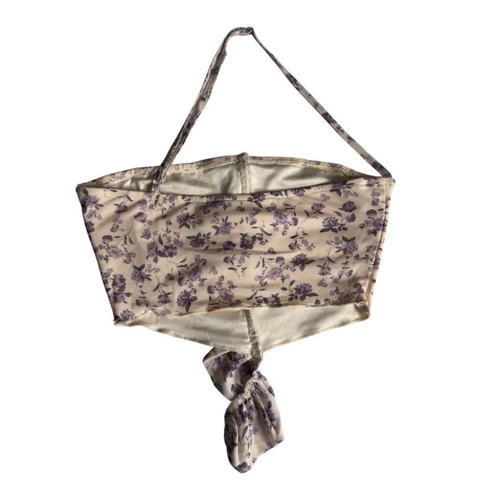 Dolls Kill New Pink Floral Halter Crop Top Cream Purple Ruffle Mesh Womens Small - Picture 2 of 8